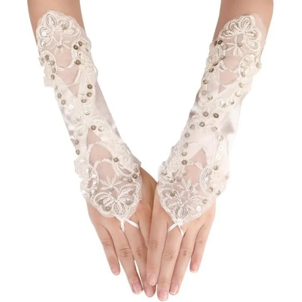 Women's A-Champagne Sequins Beads Fingerless Satin Gloves Party Prom Accessories
